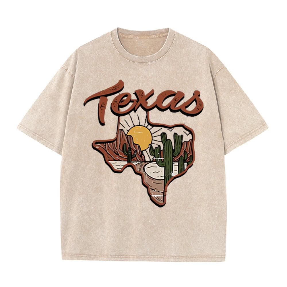 2026 Vintage Texas Desert Cactus Sunset Graphic Beige Washed T Shirt Western Country Travel Casual Oversized Unisex Short Sleeve