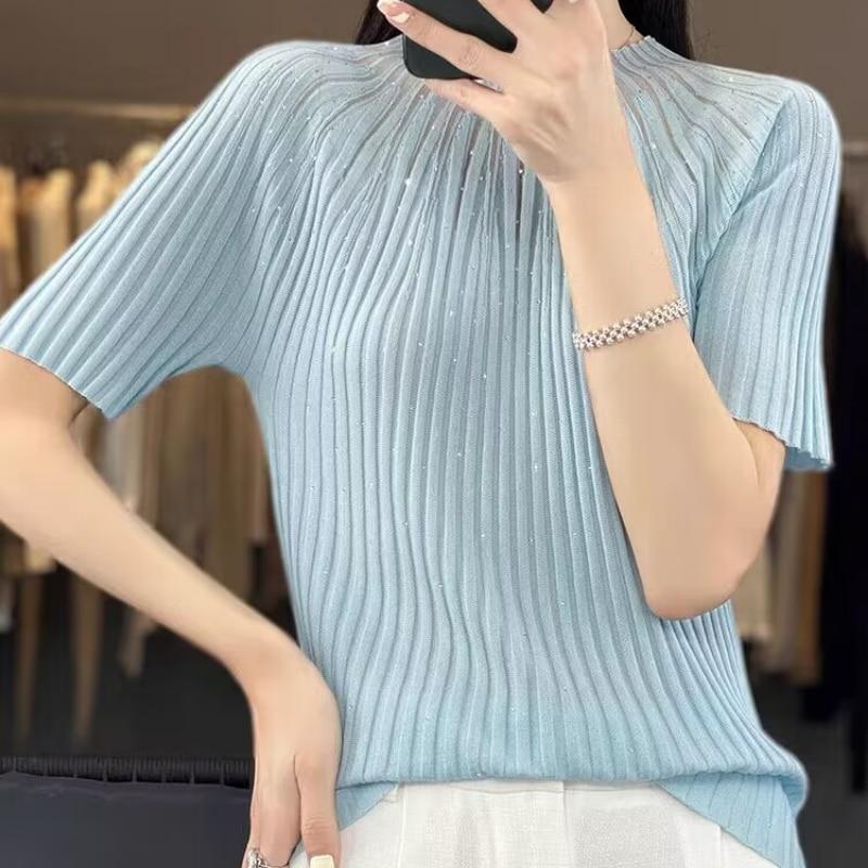 

Летняя трикотажная блузка с коротким рукавом из ледяного шелка, женская свободная повседневная рубашка с круглым вырезом и бриллиантами, тонкий однотонный офисный женский топ Mujer 27379