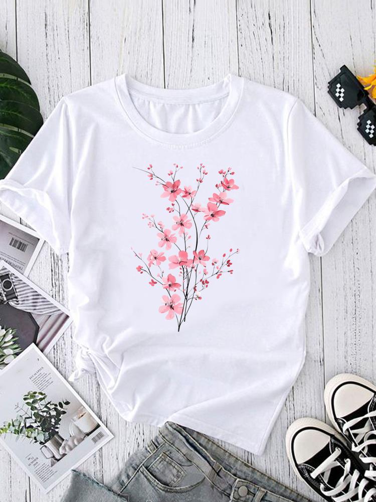 (Asian Size) flower sweet trend Women's Top T Clothing Print Short Sleeve T-shirts Fashion Female Casual O-neck Graphic Tee