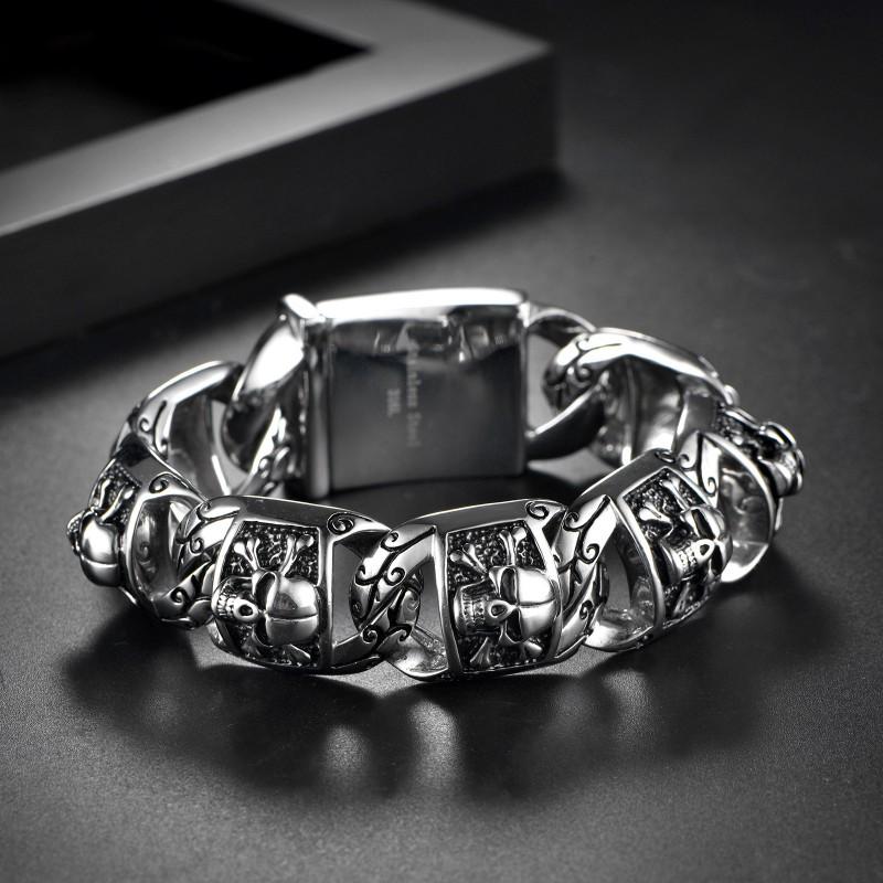 Stainless Steel Skull Bracelet Men Punk Hip Hop Style Geometric Biker Accessory Adjustable 22.5cm Polished
