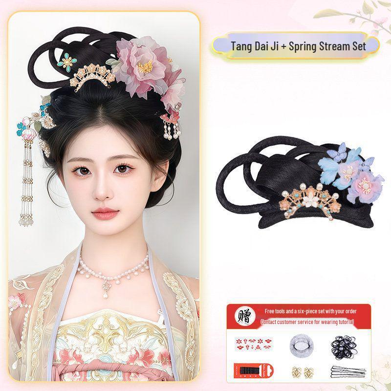 Hanfu Soft Bottom Wig with Tang & Ming Style Hair Bun Headdress for Performance