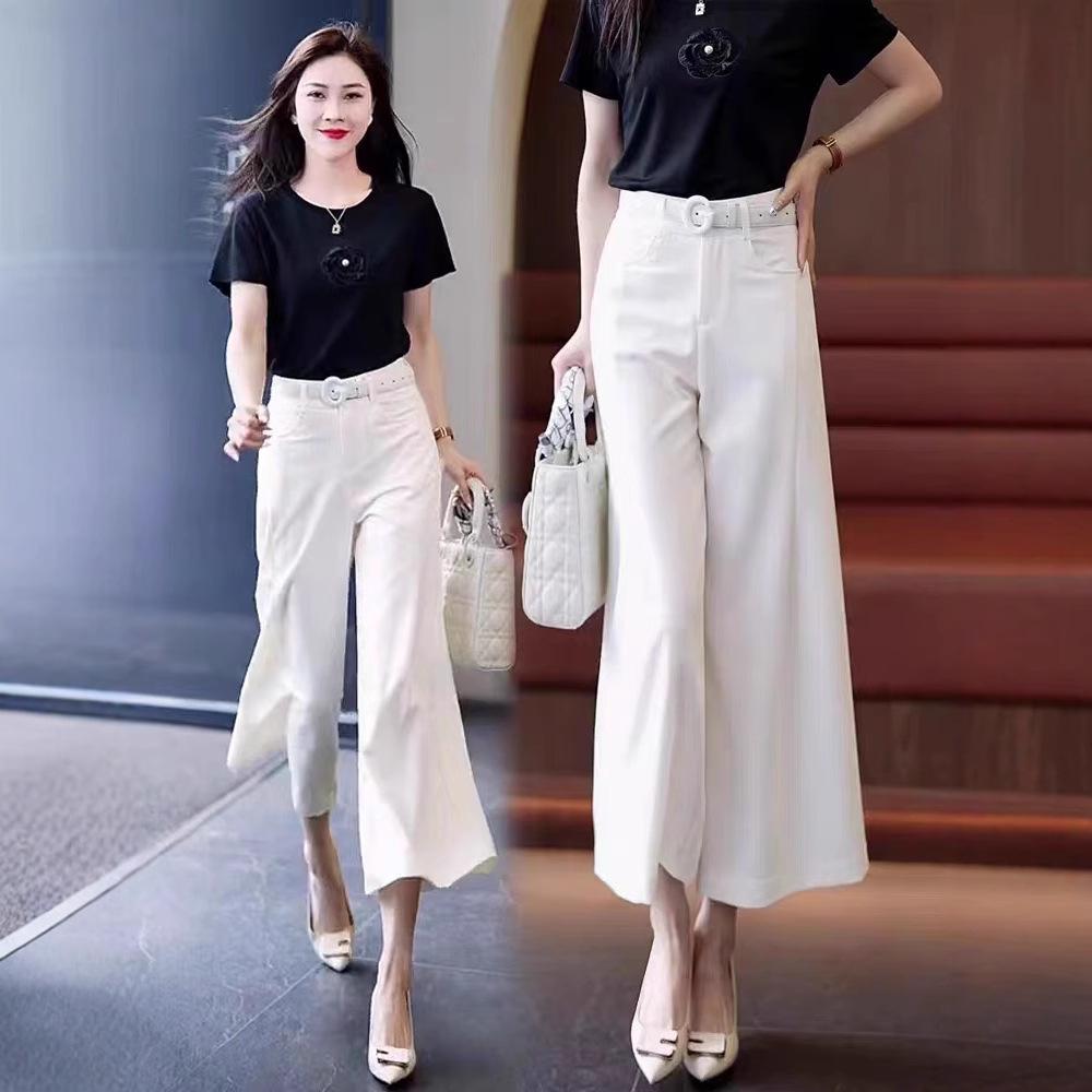 

Women s High-Waisted Wide-Leg Cropped Ice Silk Pants - Summer 2025 Casual Suit L