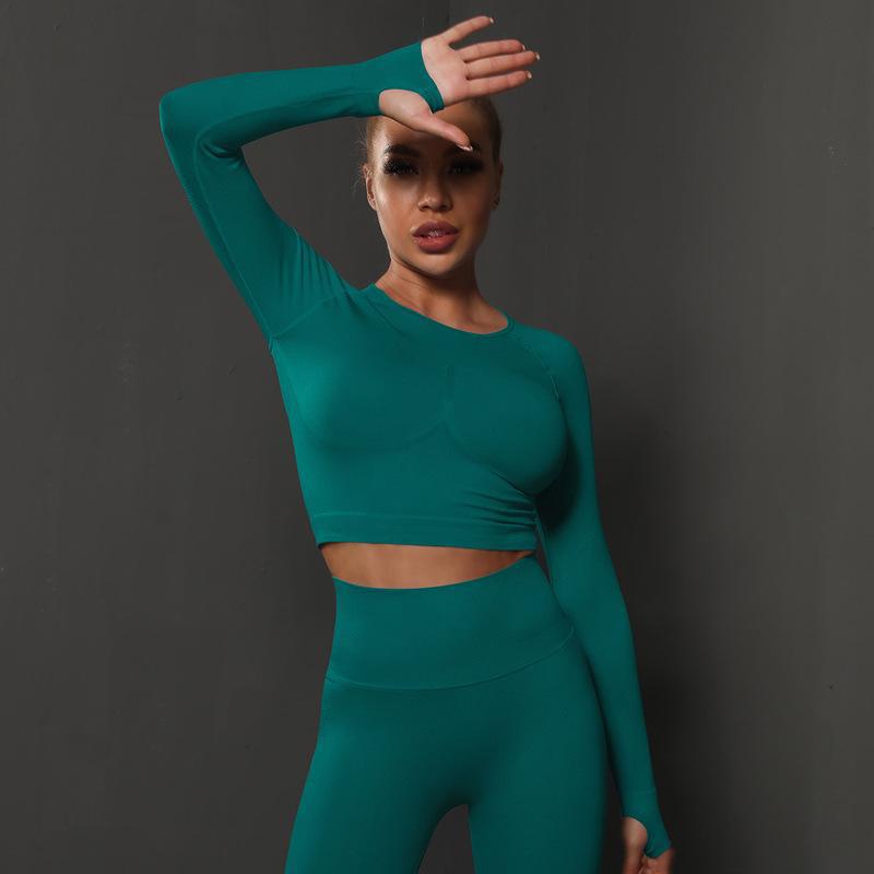 Seamless Tight Solid Color Pleated Sports Long Sleeved Top With High Elasticity, Breathability, Running, Fitness, Yoga Clothes For Women
