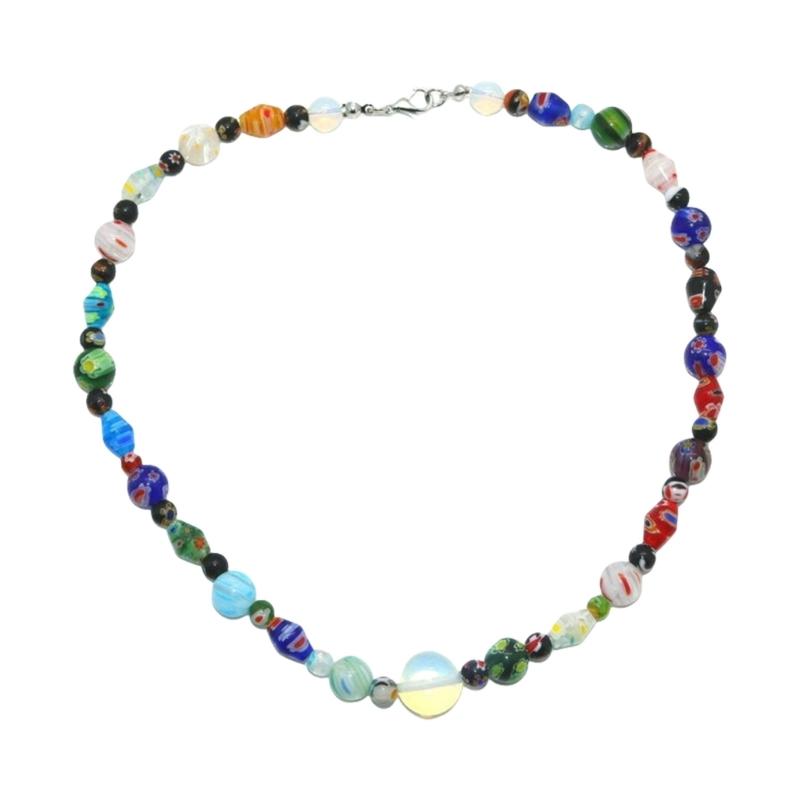 Muranos Style Blown Glass Beaded Necklace for Women Colorful Opal Beads Collarbone Chain Unique Handmade Neck Jewelry