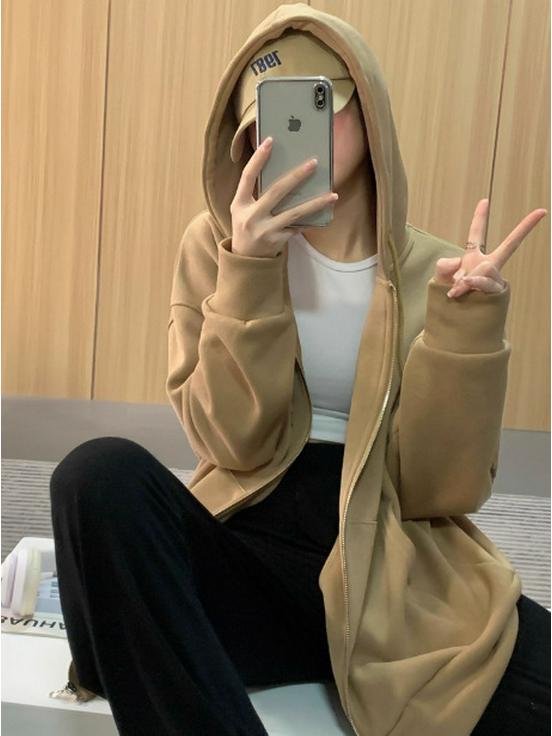 Women's Grey Hooded Fleece Sweatshirt - Slimming Thick Zip-Up Cardigan for Autumn/Winter 2025