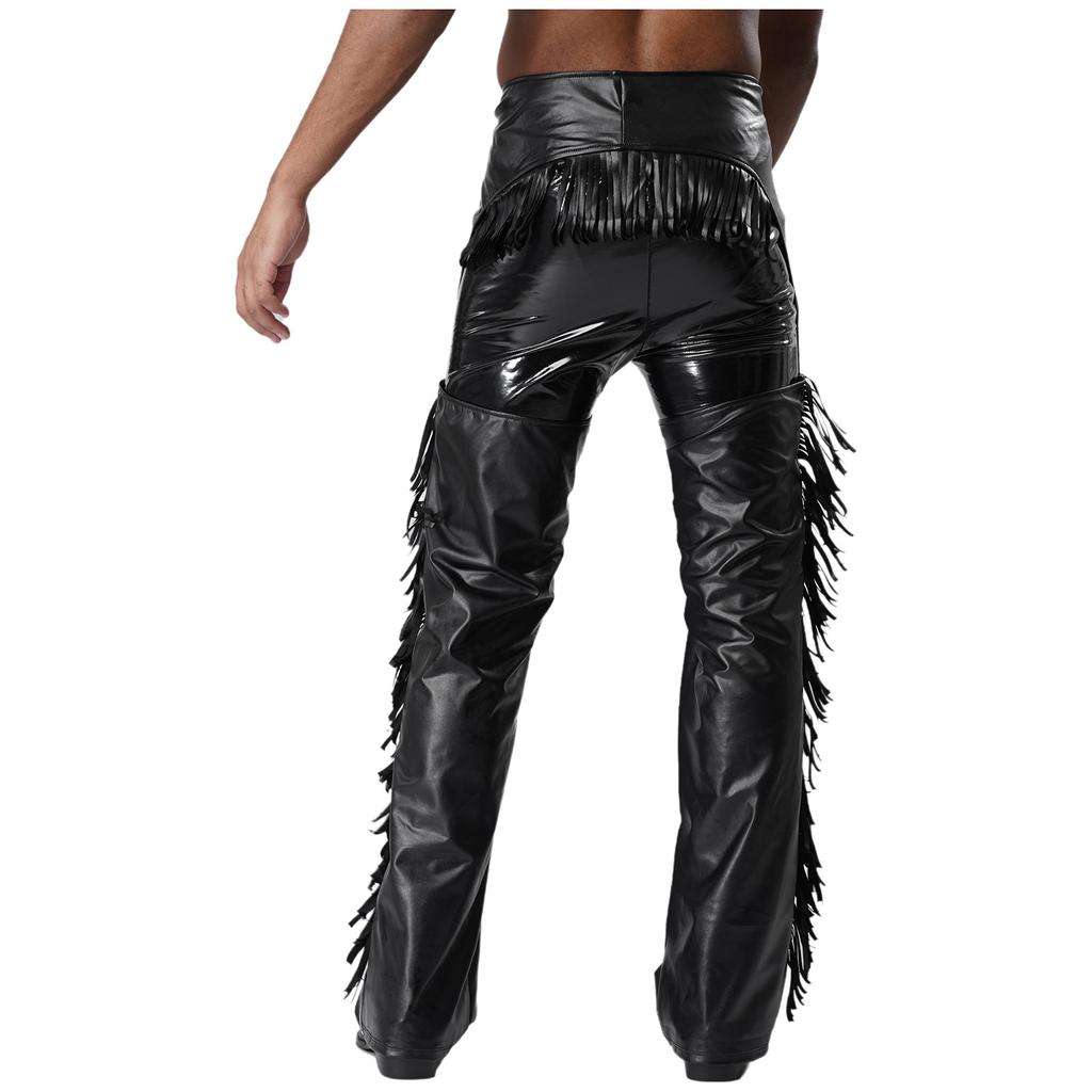 Pantaloni da Cowboy Occidentali da Uomo in Ecopelle con Frange, Lati Tagliati, Zip, Frange