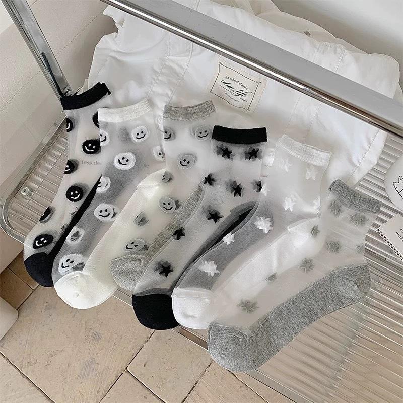 Frühlings- und Sommerdünne Transparente Glasfasersocken, Damen-Mittelwadensocken, Lächelnd, Niedliche und Atmungsaktive Baumwollsocken für Studentenfüße