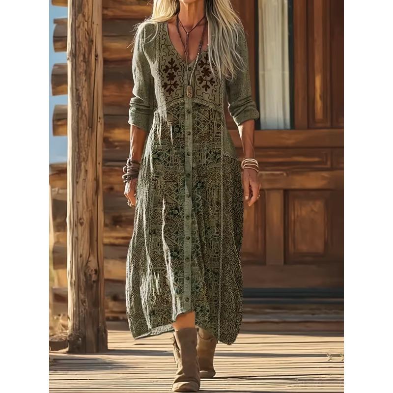 Creative Tie-dye Printing Women's New V-neck Long-sleeved Dress Medium and Long Dress