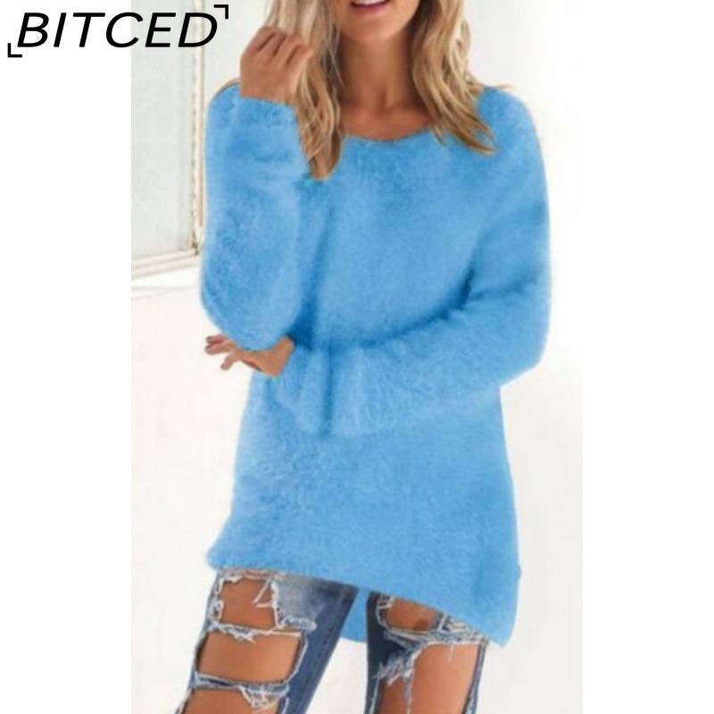 

BITCED Женские модные повседневные однотонные свободные свитера с круглым вырезом и осенне-зимним принтом с длинными рукавами XXXXXL озеро синий