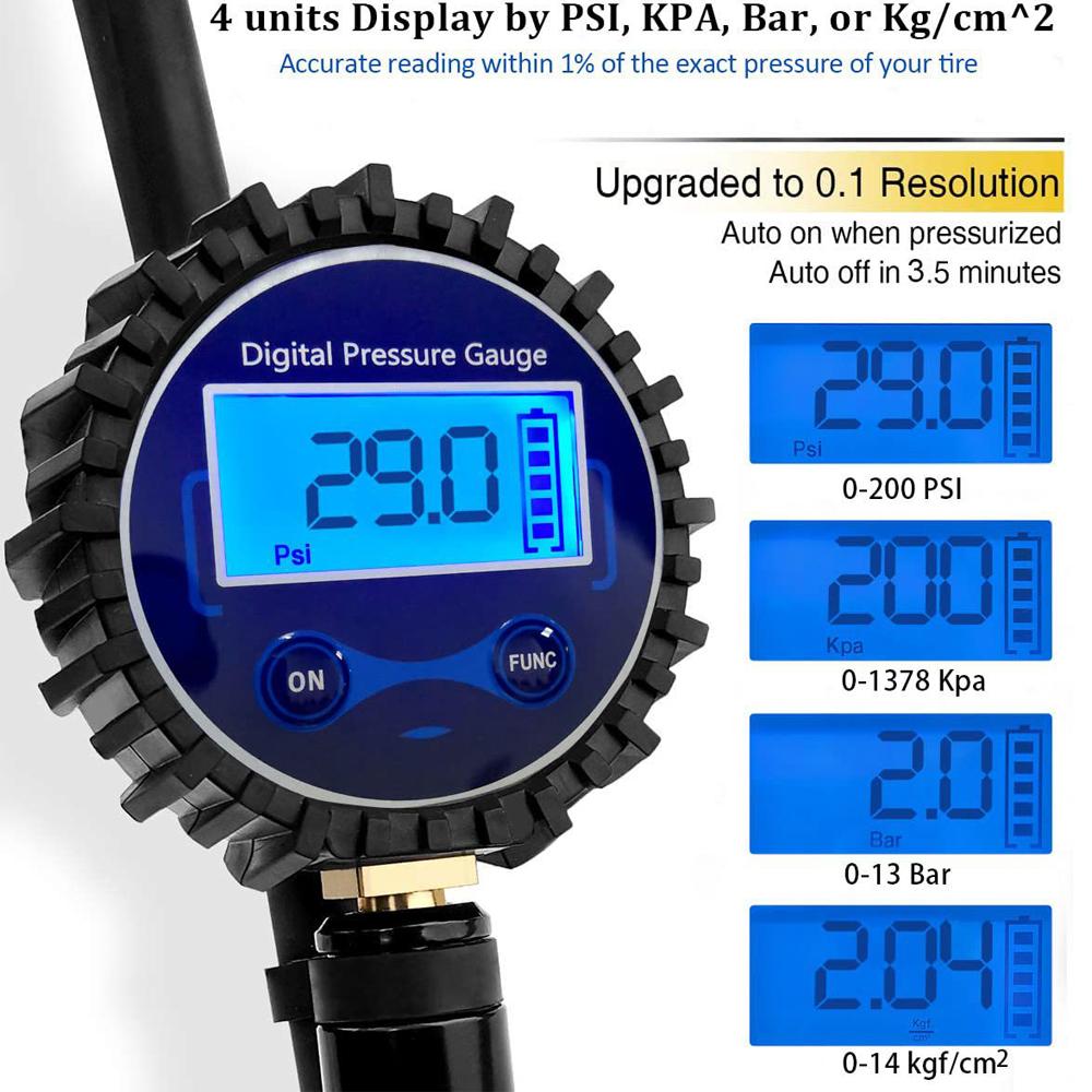 200PSI LCD Digital Car Tire Inflator with Pressure Gauge Air Chuck Tire Tester Pressure Gauge for Car Motorcycle Truck Bike