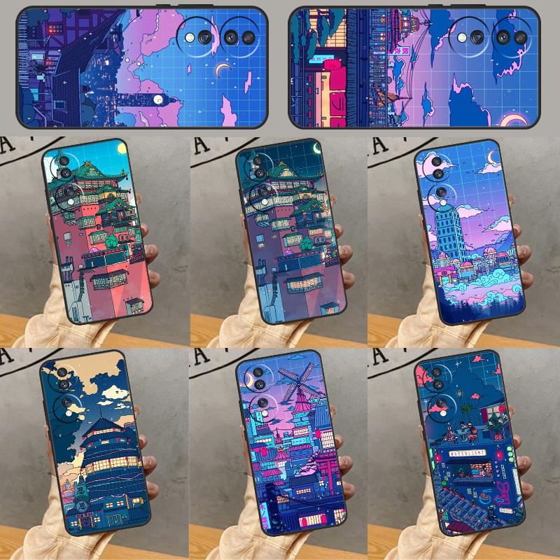 Neon Village Bathhouse Night Case For Honor Magic 7 Lite 5 6 Pro Honor 200 Pro 50 70 90 X9b X9a X8b X8a X8 X9 X9c Cover