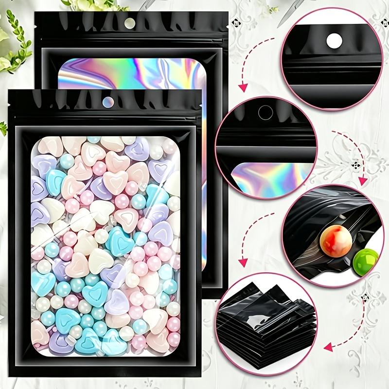 90PCS Black Holographic Odorless Polyester Zipper Bags, Transparent Reusable Sealed Aluminum Foil Bags, Suitable for Lip Gloss, Jewelry, Eyelashes