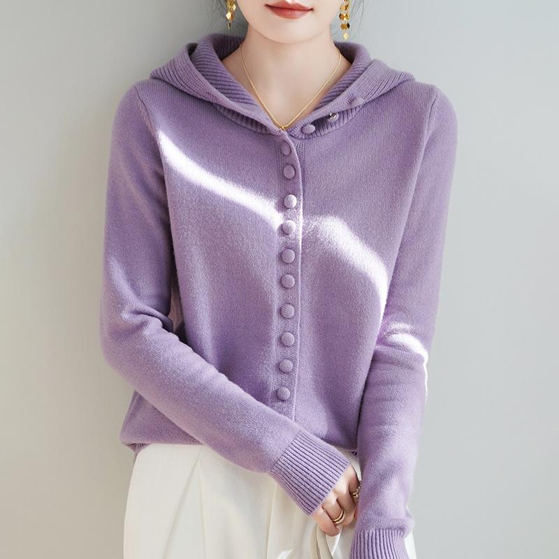 New Spring and Autumn Women's Knitted Sweater with Thickened Wool Buckles, Hooded Cardigan and Solid Color Casual Hoodie