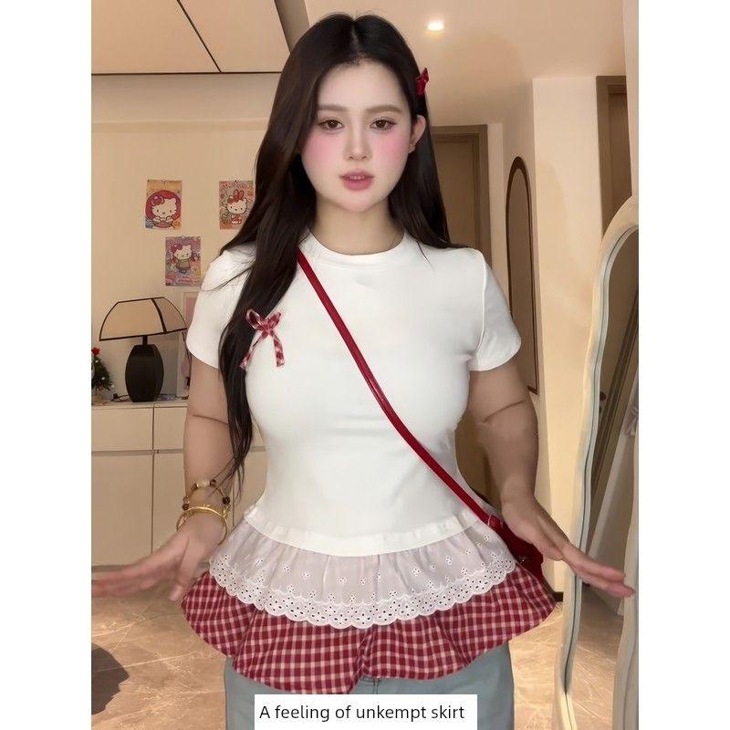 

Plus Size Ladies Plaid Slim Fit Patchwork Short-Sleeved T-shirt for Women 2025 New Arrival Summer Easiest for Match Slim Looking Belly-Covering Coat White Top 2XL