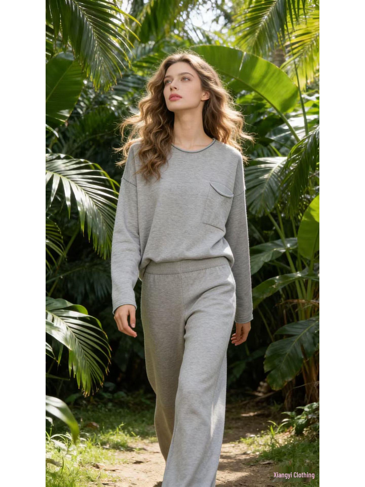 

European & American Style Knit Women s Set: Round Neck Top with Pocket & Loose Wide-Leg Pants One Size сірий колір