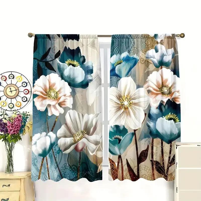 Blue Floral Painted Pattern Printed Curtains Window Decorations Home Room Made Of Polyester