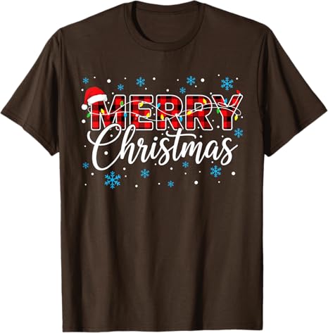 Funny Merry Christmas Buffalo Plaid Santa Hat Unisex Women TShirt Xmas Costume Novelty Gift Festive Santa Hat and String Lights