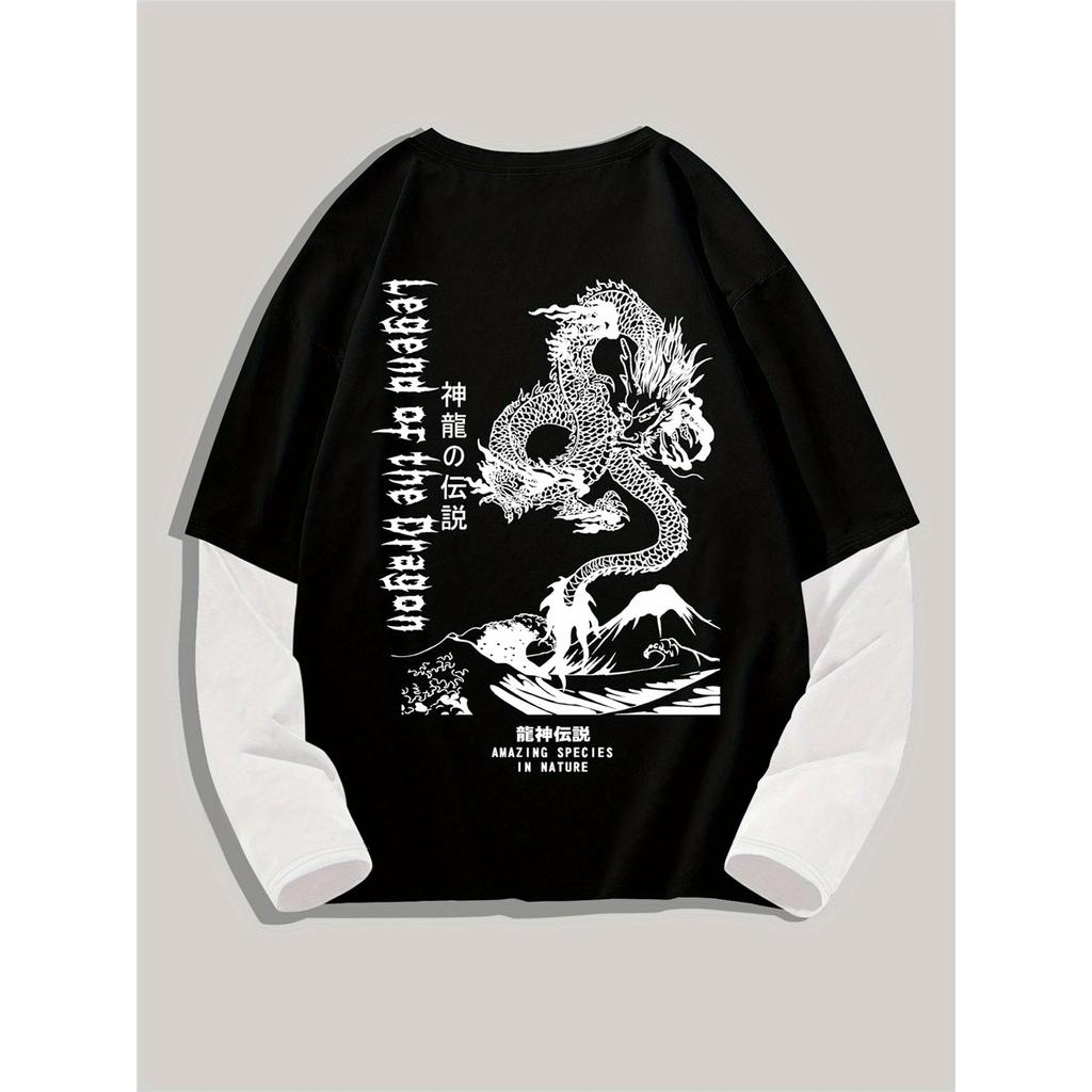 Men's Long Sleeve Crew Neck T-Shirt with Dragon Print, Casual Polyester Knit with Geometric Pattern