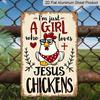 2D Flat, Vintage Aluminum Metal Sign - "A Girl Who Loves Jesus Chickens" Funny Chicken Coop Wall Art - Waterproof No-Fade Indoor/Outdoor Decor