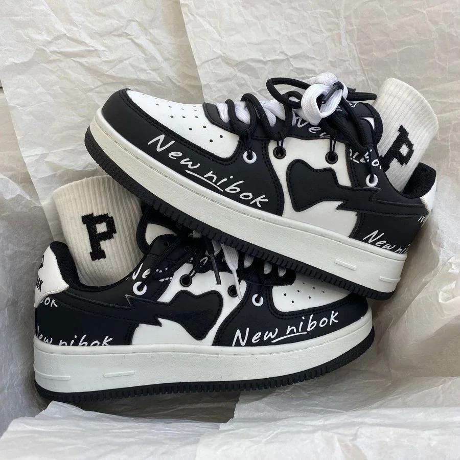 

2024 Women Trendy Sneakers Mixed Color Lace-up Thick-soled Casual Shoes Non-slip Women Shoes Round Toe Women Board Shoes 35 чёрный