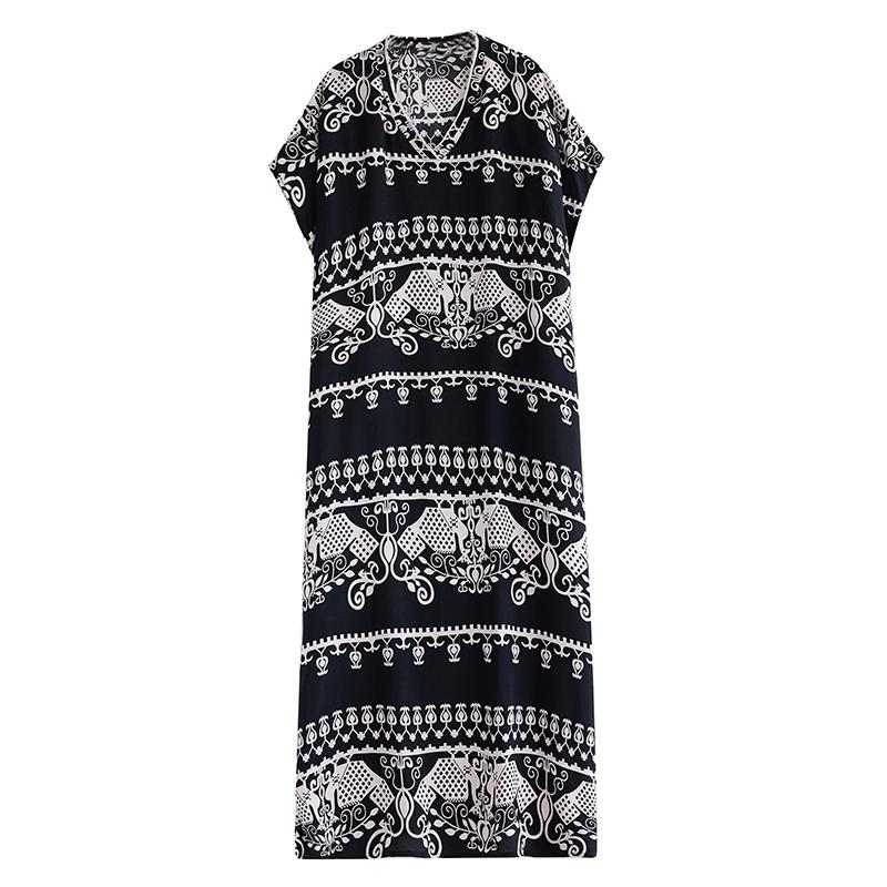 DIMANAF 2024 Plus Size Dress Women Summer V-Neck Sundress Bohemian Floral Print Loose Big Oversize Maxi Dress 5470