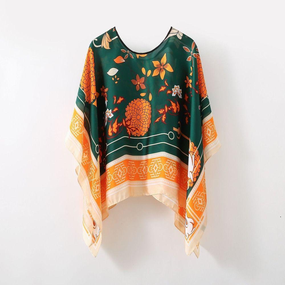 Loose Fit Poncho Cloak Thin Scarf Printed Comfortable Simulated Silk Pullover Sun Protection Polyester Versatile Scarves Women