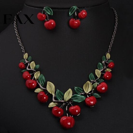 1 Set Vintage Red Cherry Fruit Jewelry Chic Bridal Necklace Earrings