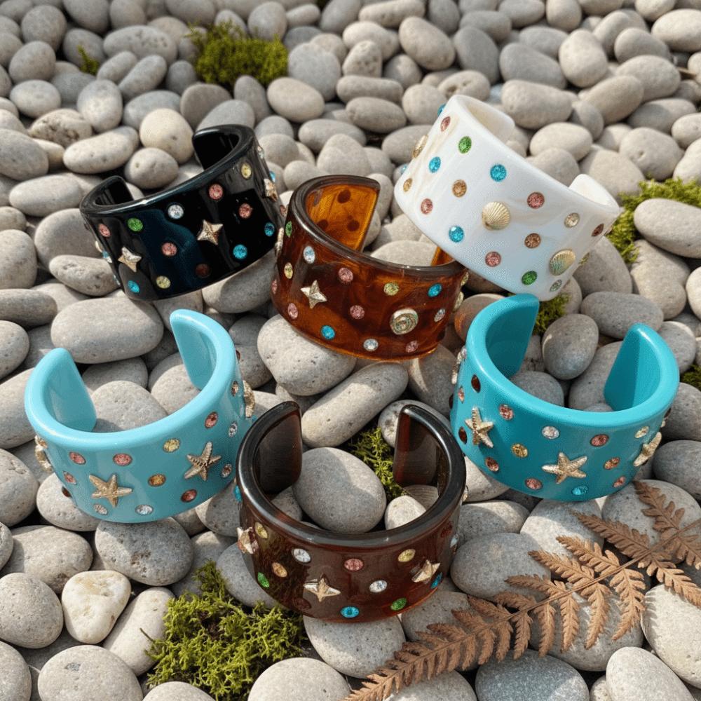 Chunky Shell Bracelets Exaggerated Open Bracelet Geometric Beach Rhinestone Bangle Y2k Style