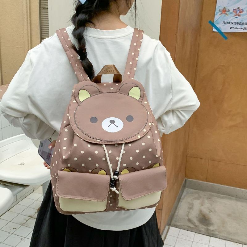 Niedlicher Cartoon Rucksack mit Kordelzug und Klappe, großes Fassungsvermögen, neues braunes Bär Pünktchen Design, Mädchenrucksack