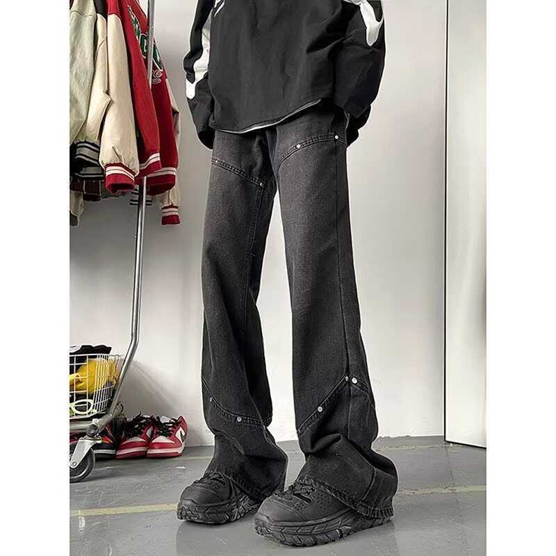 

JYL Унисекс Клеш Джинсы Осень Американские С заклепками Свободные Прямые Модные Джинсовые Брюки S