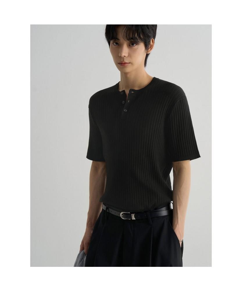 8SECONDS Ribbed Henley Neck Short Sleeve Knit Black