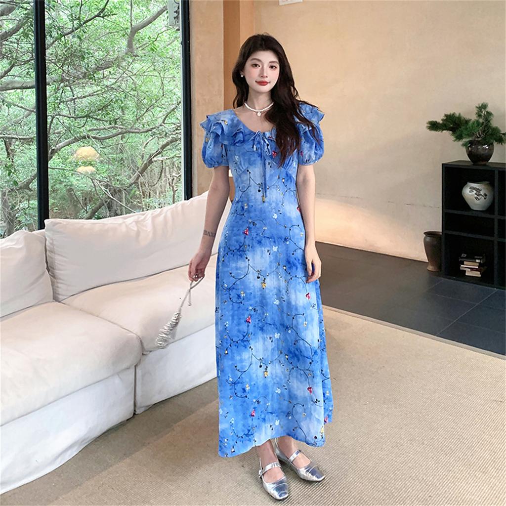 Retro V-neck Slimming Floral Print Midi Dress for Women Short Sleeve Ruffles Splice Temperament Vacation Long Dress