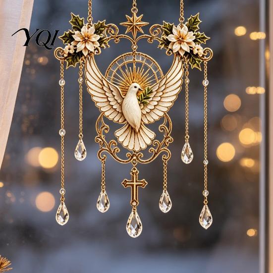 Stained Glass Angel Window Hanging Effect Blessing Suncatcher, Acrylic Prayer Decorative Suncatcher Ornament with Faux Crystal Charm for Home