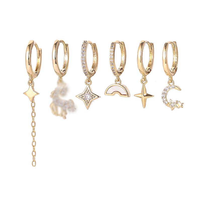 

ANENJERY серьги-кольца с цирконием, звездой, луной и лошадью для женщин, мечтательный романтический комплект серег ручной работы из 6 предметов золотой