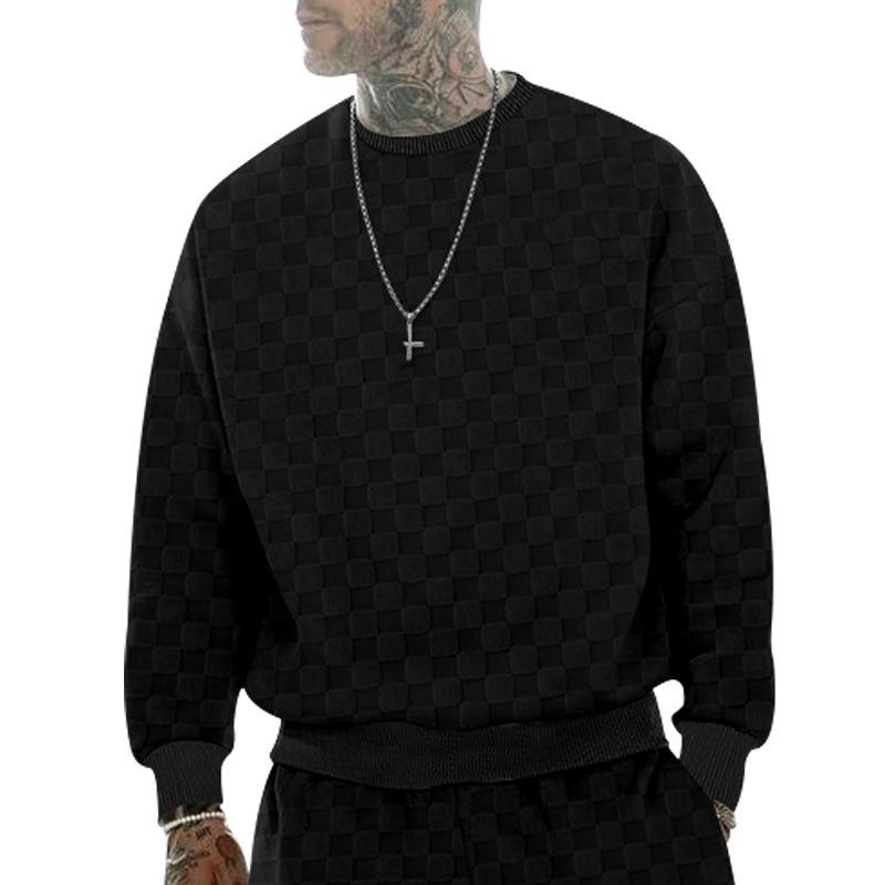 Men's Autumn and Winter Heavy Jacquard Checkerboard Checkerboard T-shirt Men's T-shirt Round Neck Casual Bottoming Shirt Knitted Long-sleeved T-shirt