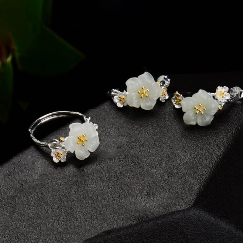 

Комплекты украшений из натурального хотанского нефрита с цветками сливы Элегантные и роскошные кольца и серьги для женщин S свадебные аксессуары