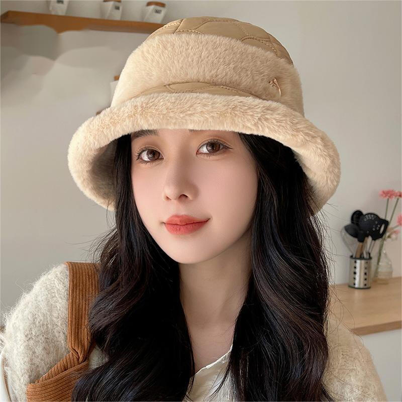 Женская стеганая панама Зимняя меховая панама BUCKET31_Ivory