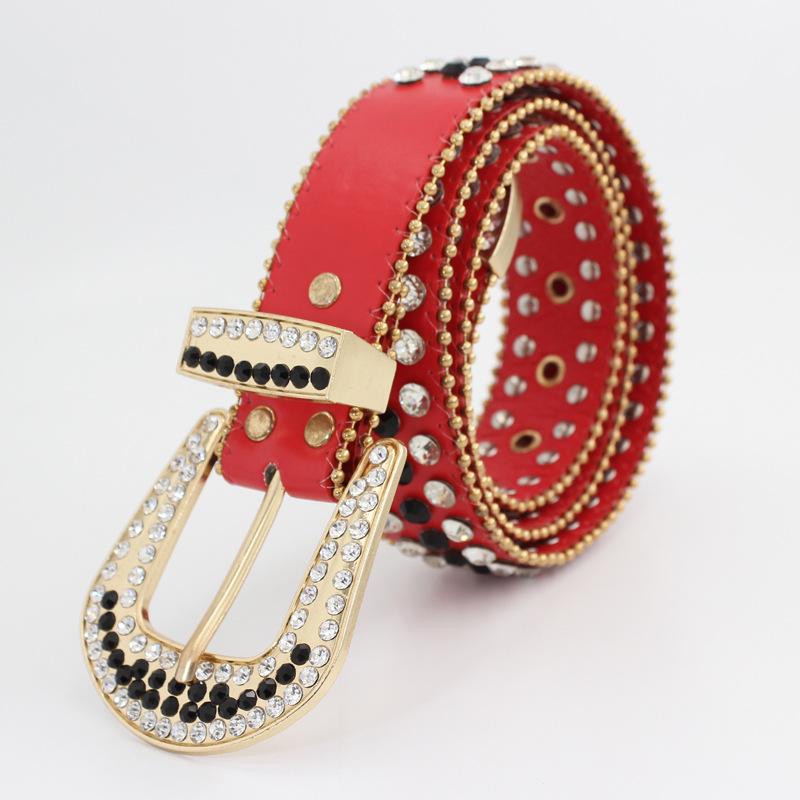 Meimeier Women's rhinestone embellished pin buckle three-piece set: denim belt, luxury red fashion wide waist belt