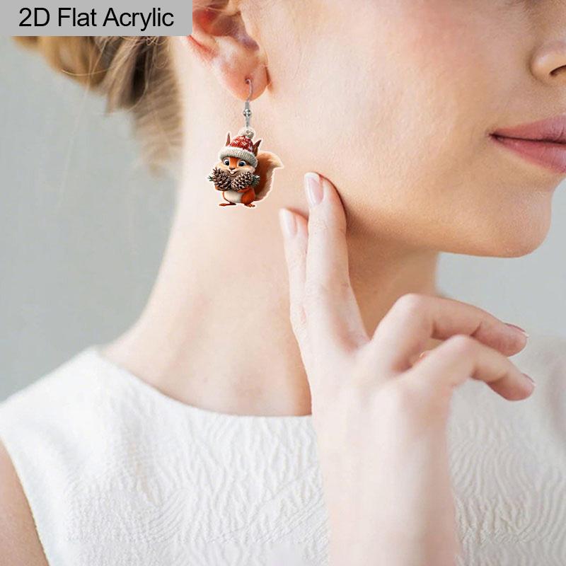 2D Flat Acrylic Cute Christmas Hat Squirrel Pinecone Pendant Earrings, Suitable As A Holiday Gift for Women, Holiday Party Decoration Jewelry.