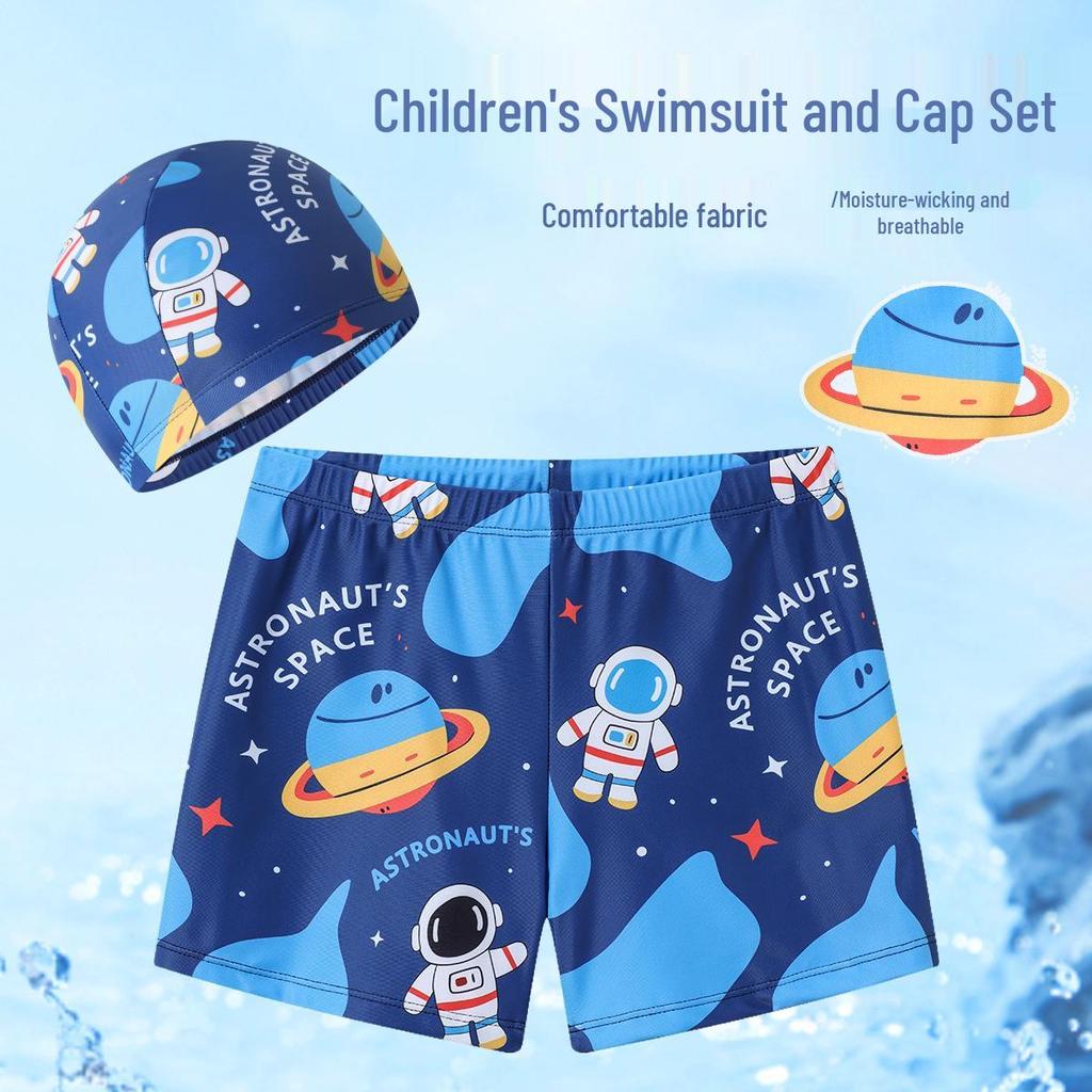 Children's Cartoon Swimsuit Set: Toddler Swim Shorts & Cap for Beach