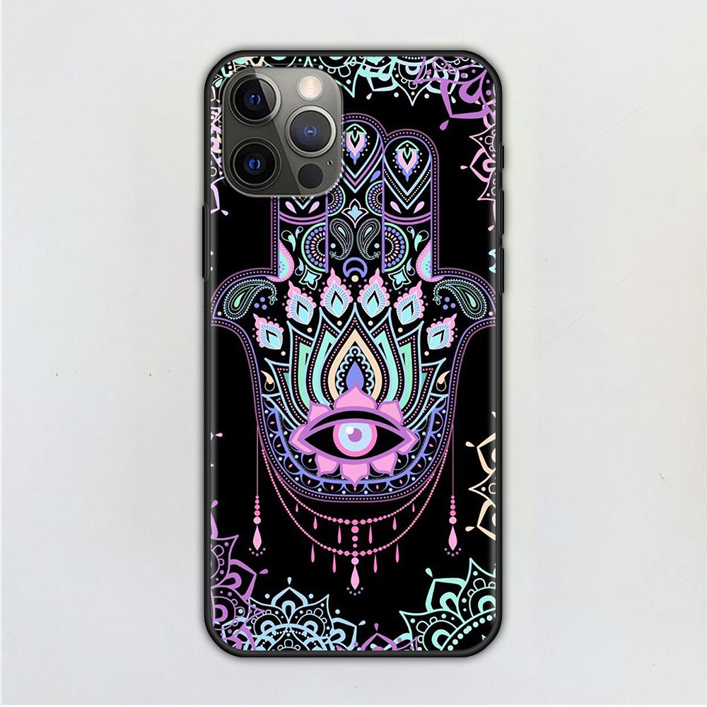 Handyhülle für iPhone 14 12 Mini 11 Pro X Xs Max Xr 8 7 6 6s Plus Schwarz TPU Fundas Capa Hamsa Hand Amulett Psychedelic Art