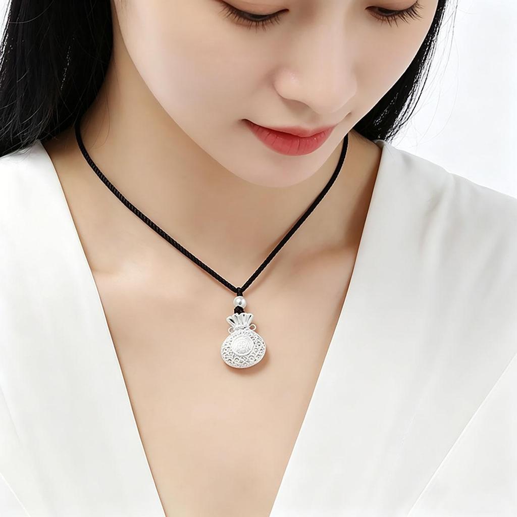 Silver Money Bag Necklace, Unisex, Design, Chinese-style, Vintage Pendant, Trendy, Chinese Style, Fortune Bag, Couple Pendant