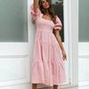 Women Dress Plaid Print Puffy Sleeve Square Collar High Waist Summer Swing Dress for Party