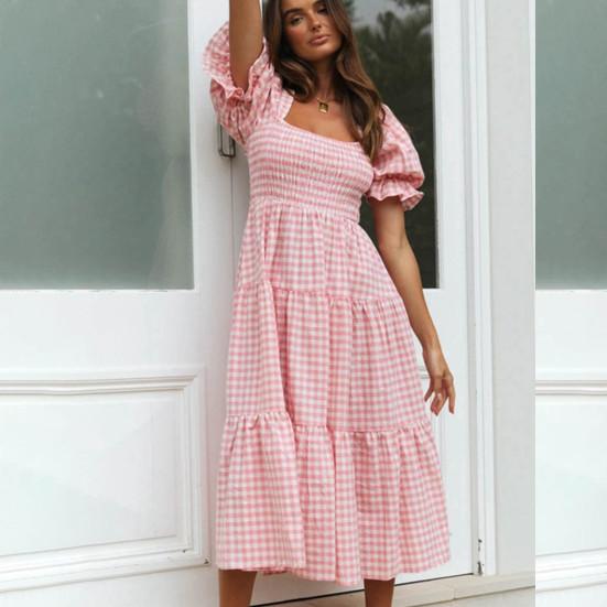 Women Dress Plaid Print Puffy Sleeve Square Collar High Waist Summer Swing Dress for Party
