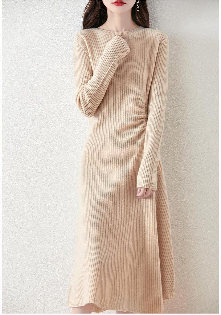 Women's Cashmere Knit A-Line Dress - Mid-Length, Round Neck, Over-the-Knee, 100% Pure, Casual and Versatile