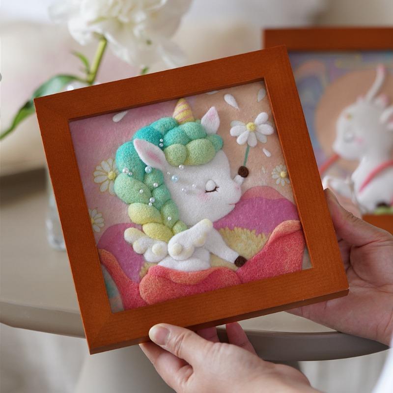 DIY  Felt Bunny Frame Kit - Creative Birthday Gift Handmade Craft Decor Cute Cartoon Rabbit Statue Wool Creative Gift & Healing Home Decor Craft Set