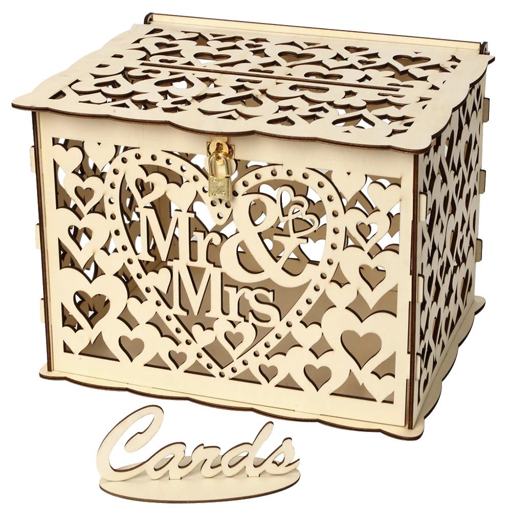 Wooden Wedding Card Box Wedding Decoration Supplies DIY Mr&Mrs Couple Flower Pattern Envelope Sign Cards Wood Box
