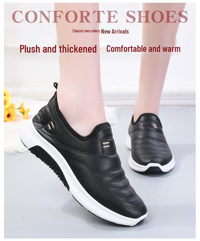 Leather Women's Waterproof Cotton Shoes - Winter Plush Warm Flat Slip-On Boots