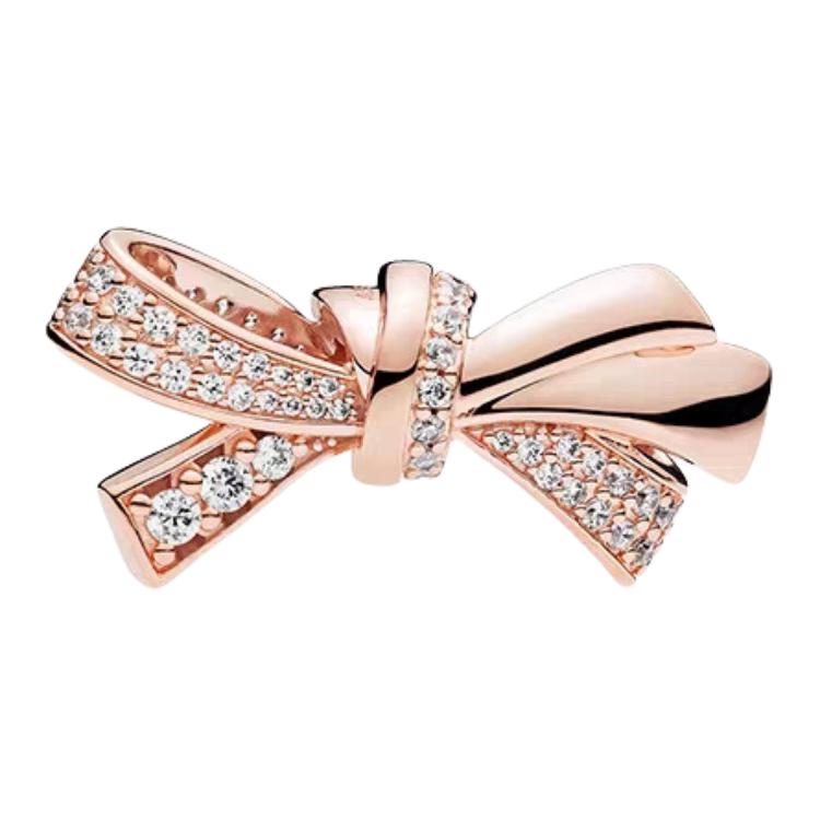 Pandora Bowknot Charm Pendant Copper Silver Alloy Cubic Zirconia Jewelry Accessories Unisex Jewelry Rose-Gold 787241CZ Box