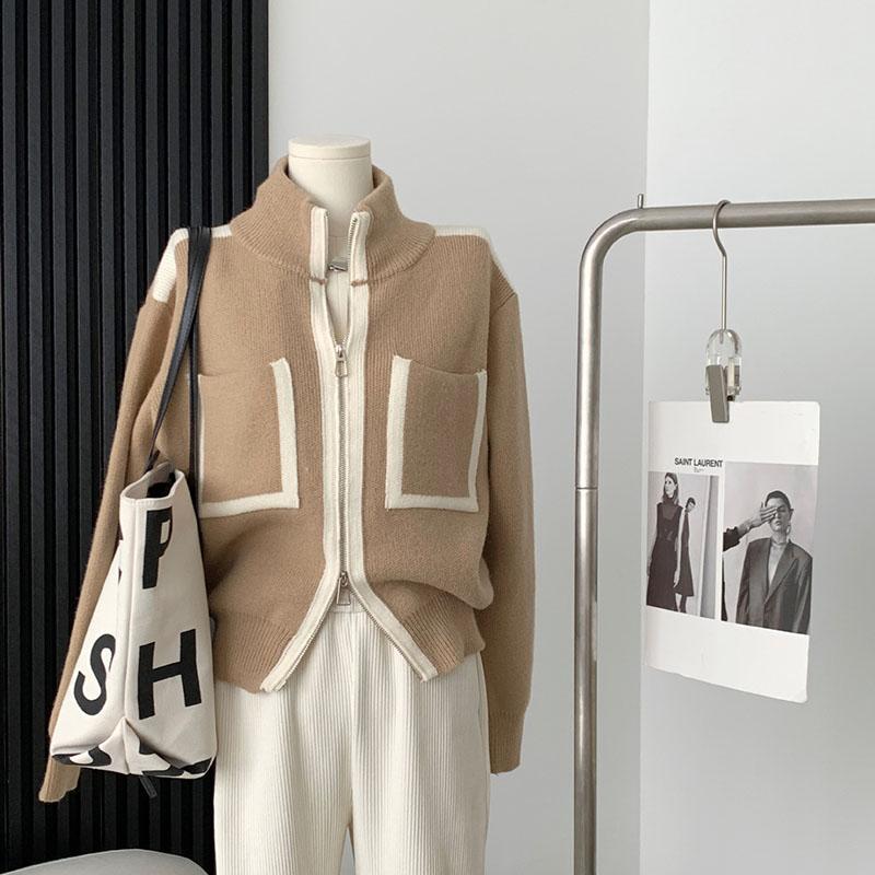 

Женский вязаный кардиган с двойной застежкой-молнией, карманом, контрастным свободным трикотажным свитером, воротником-стойкой, кардиганом, курткой, трикотажным пальто, верхом L хаки